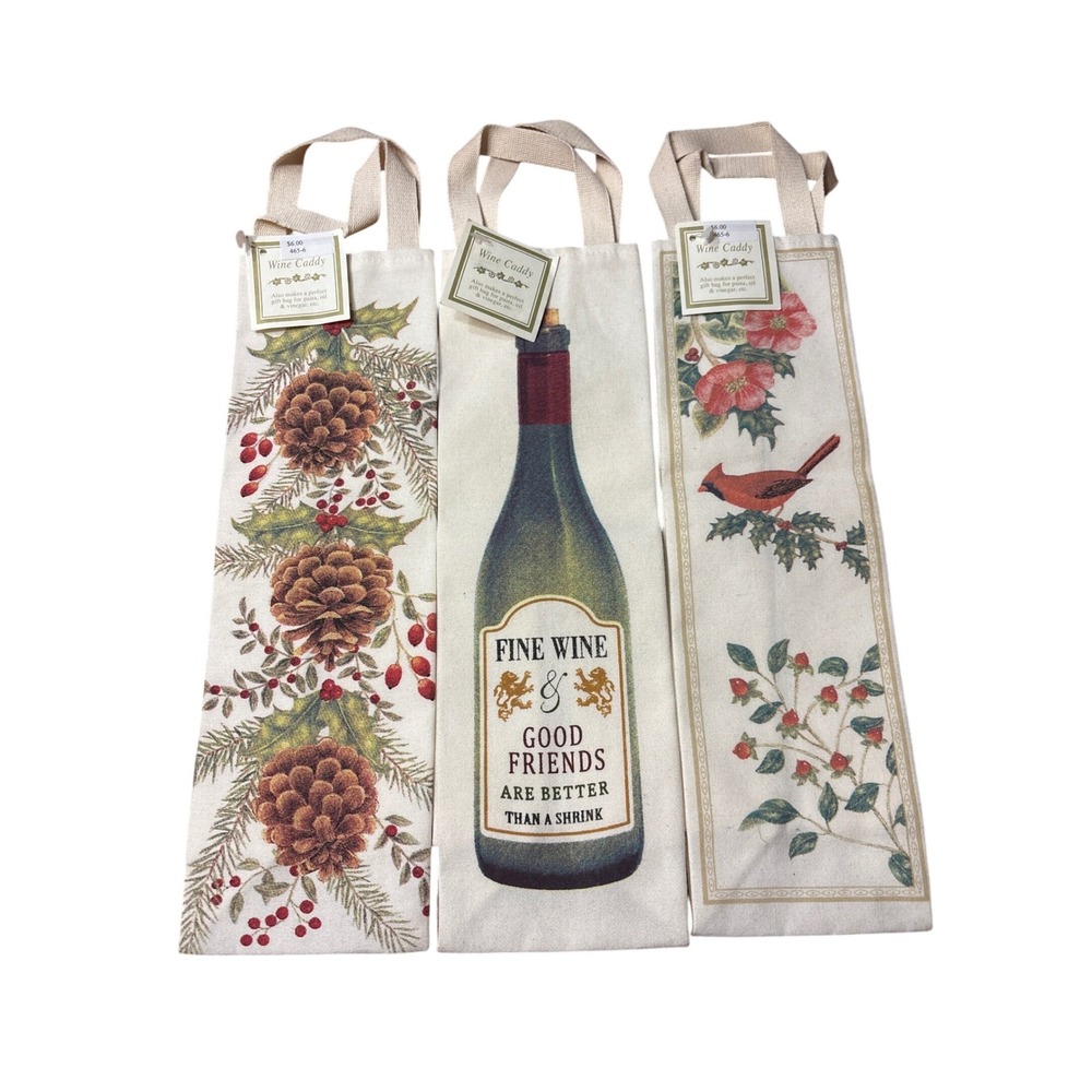 Alice's Cottage Wine Caddy Canvas Gift Bags Set of 3 Holiday Botanical